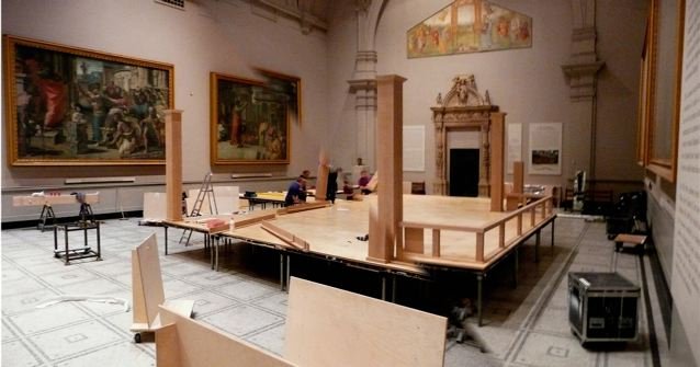 Constructing the Noh stage for a Day of Rare Buddhist Dances, Victoria & Albert Museum, London